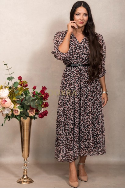 Rochie Olimpia din voal negru cu imprimeu floral, pieptii petrecuti si curea